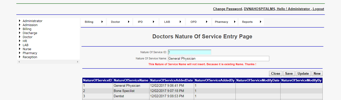 DVNA Hospital Management Software Doctors Nature Of Service Entry Page